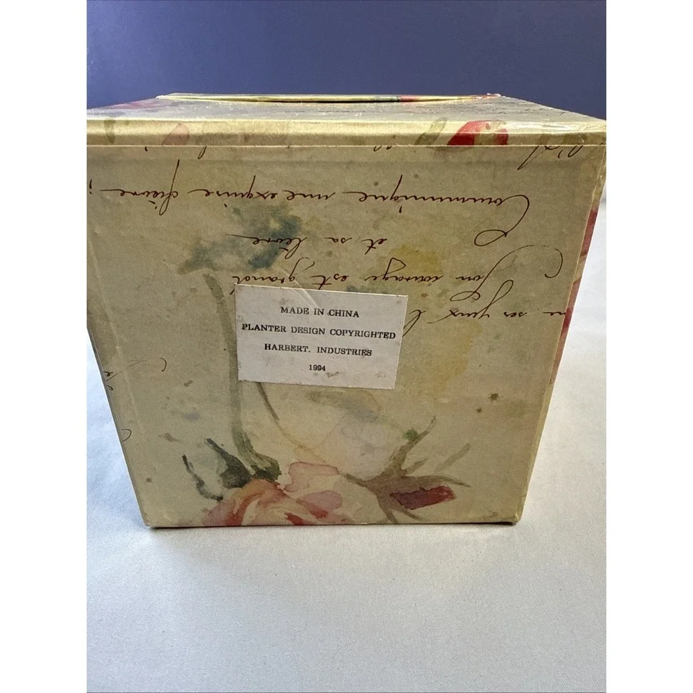 Vintage 1994 Harbert Industries Decoupage Planter Box Cachepot, Floral Script